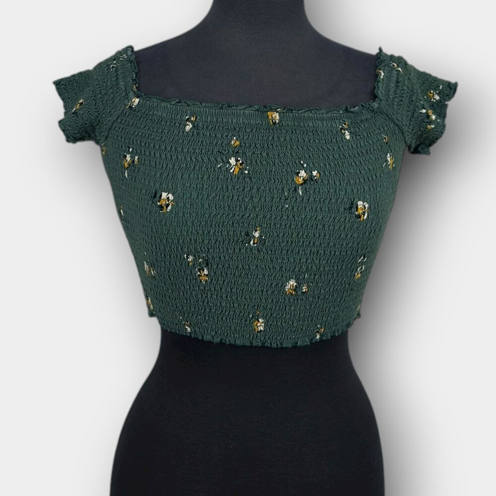 Abercrombie & Fitch Smocked Floral Crop Top S‎ Green Cottagecore Cap Sleeve